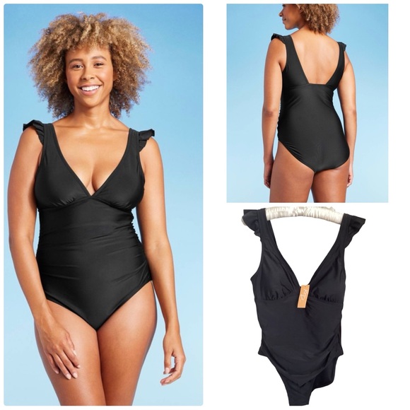 🚨Final Sale🚨!! NWT Kona Sol Ruffle Shoulder Ruched Full Coverage Swimsuit - Picture 1 of 6
